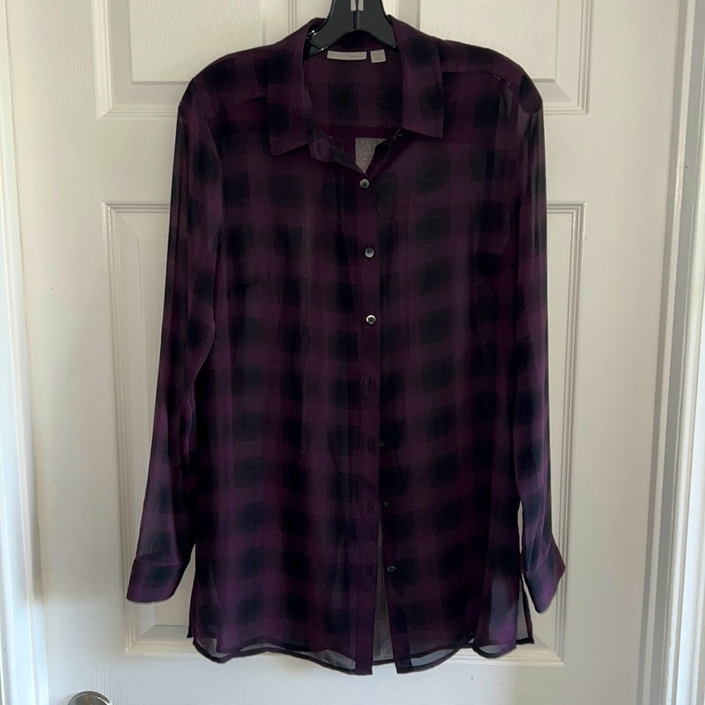 Sheer black and purple plaid shirt